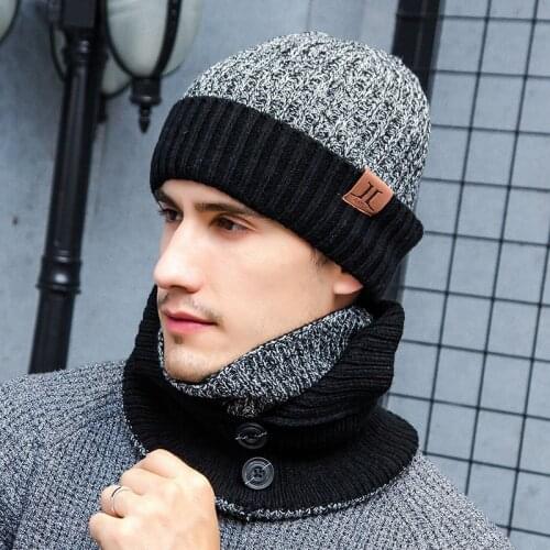 Mens winter new thick warm knit cap, scarf, gloves, three sets of solid color and velvet outdoor sports hat