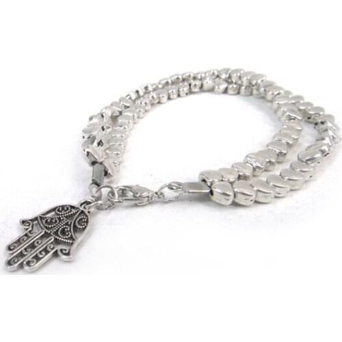 New arrival women metal double stripe heart beads with alloy fatima hand charm Bracelet