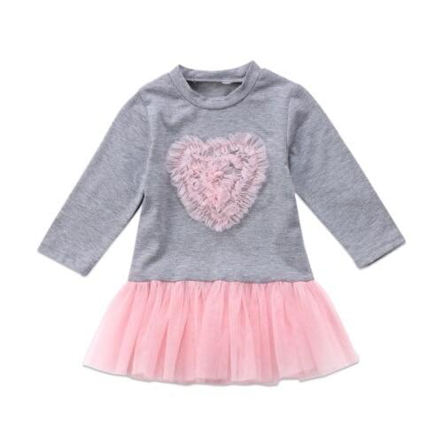 6M-4Y Kids Baby Girls Long Sleeve Lace Tutu Dress Love Heart Patchwork Gray Dresses Outfit Clothes Ball Gown Casual Dress
