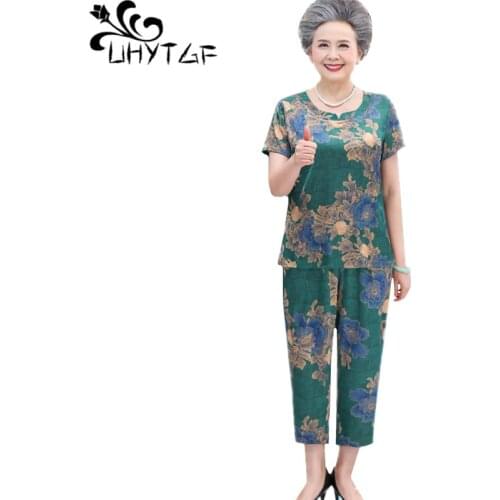 UHYTGF Pajamas For Women Short Sleeves Print Imitation Silk Thin Two-Piece Set Summer Sleepwear 5XL Plus Size Home Clothes 2124