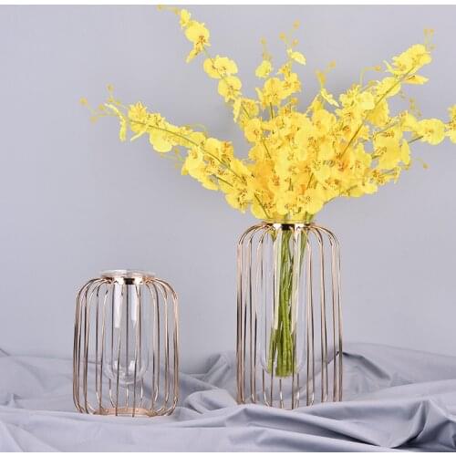 Nordic Rose Gold Iron Art Dried Flower Vase Creative Glass Hydroponic Flower Insert Decoration Simple Metal Birdcage Vase hot