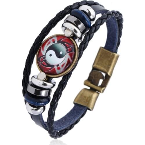 Vintage Yinyang Bracelet Cuff TAIJI Charm Beads Wristbands for Men Women Braided Leather Bangle Multi-layer Wrap Fashion Jewelry