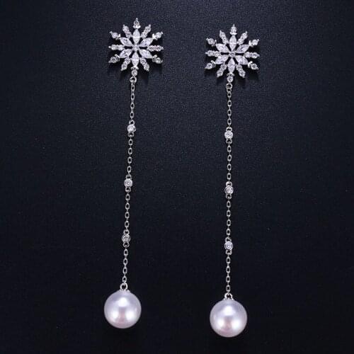 Vintage Silver Needle Post Snow Flowers Stud Earrings For Women Long Tassel Luxury Pearl Pendant Earring Trendy Female Jewelry