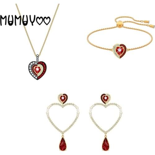 SWA High Quality Fashion Jewelry New Black Baroque Set Exquisite Red Heart-shaped Dangle Earrings Female Romantic Jewelry Gift