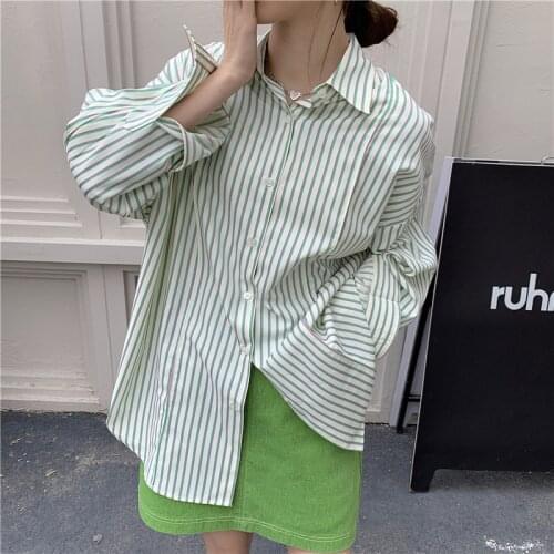 Alien Kitty 2021 New Summer Elegance Long Striped Hot Tops Loose Single Breasted Chic All Match Lady Shirts Turn-Down Collar