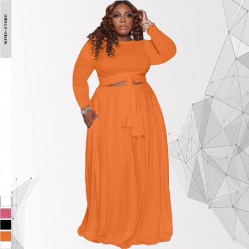 Two Piece Plus Size Womens Clothing Casual Round Neck Bandage Tops Solid Color Pocket Skirt Suit Autumn Wholesale Dropshipping