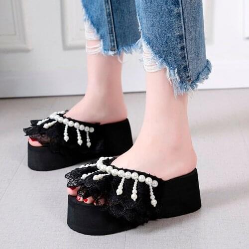 2021 Casual Womens Slippers Fashion All-match Net Cloth Shoe Upper Pearl Decoration Trend Outdoor Platform Womens Slippers