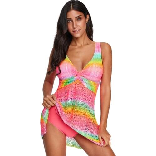 Women Sexy V Neck Swimsuit Swimdress Plus Size Large Size Swimming Dresses Floal Printed Swimwear Bathing Suit Tankini