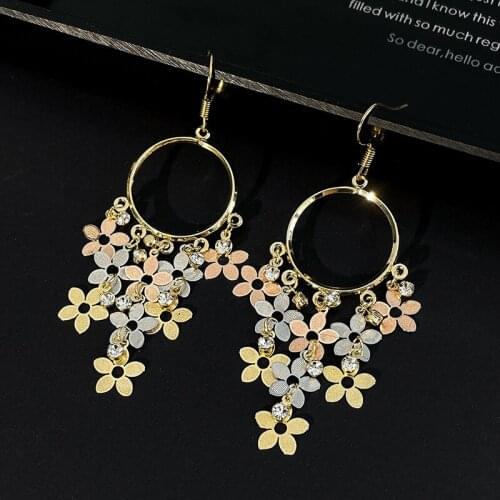 Origin Summer Sweet Colorful Flowers Hoop Earrings for Women Gold Color Hooks Floral Hanging Earring Exaggerated Party Jewelry