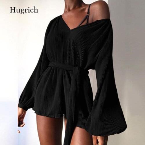 Sexy V-neck Off Shoulder Jumpsuit Romper 2021 Spring Summer Lantern Sleeve Rib Playsuit Women Casual Belted Solid Party Bodysuit