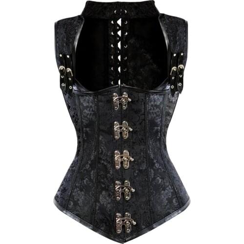 Plus Size 6XL Corset Steampunk Black Bustier Gothic Corset Women Hollow Out Retro Leather Floral Buckles Corset Tops