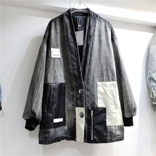 European Street Loose Coat Women 2021 Autumn New Fashion Design V-neck Single Breasted Color Block Denim Coat Outwears
