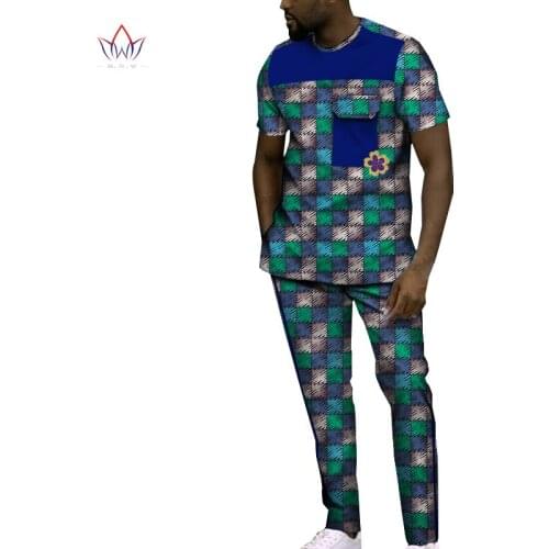 Summer Bazin Riche Men 2 Pieces Pants Sets African Design Clothing African Clothes Casual Men Top Shirts and Pants Sets WYN1188