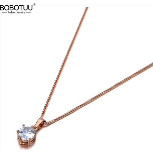 BOBOTUU Fashion Titanium Stainless Steel Wedding Charm Choker Necklaces Rose Gold CZ Crystal Pendant Necklace For Women BN20010