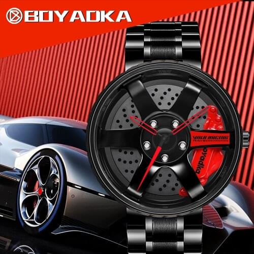 3D Hollow Pattern Men Stainless Steel Watches Racing Auto Car Wheel Watch Men Wristwatch Clock Sport Creative Design Wristwatch