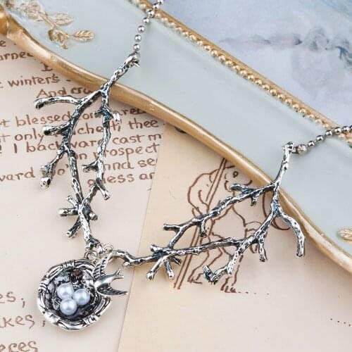 DoreenBeads Handmade Necklace dull silver color Swallow Bird Nest Branch White Acrylic Imitation Pearl Collar Jewelry 70.5cm 1PC