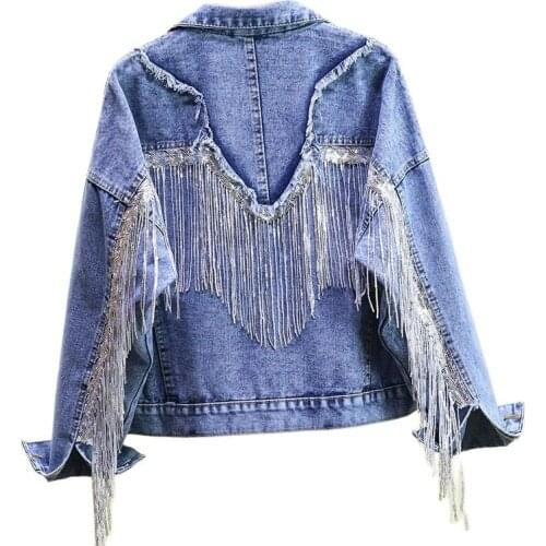 Denim Jackets Women Outerwear 2021 New Spring Autumn Cowboy Jacket Female Korean BF Loose Short Sequined Tassel Coat Lady Tops