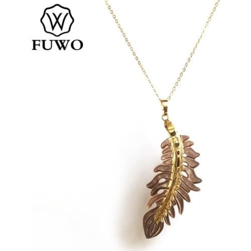 FUWO Carved Olive Leaf Seashell Pendant with Gold Filled Edge Brass Chain For Women Necklace Jewelry Wholesale NC519