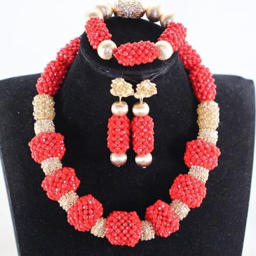 Handmade Crystal Beaded African Fashion Jewelry Set Red and Gold Nigerian Wedding Party Beads Jewelry Set WE243