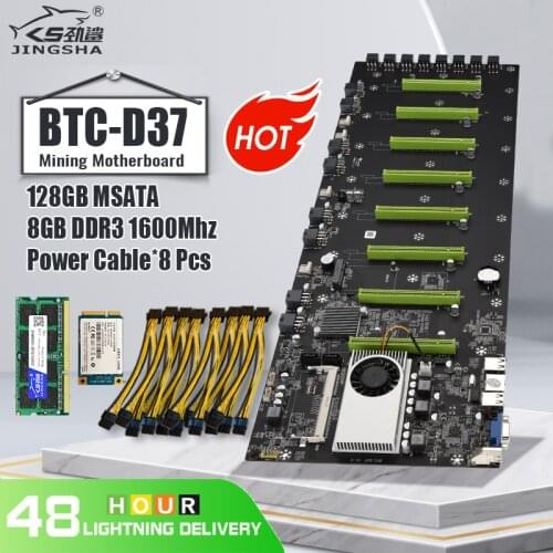 Mining Motherboard with 8 GPU Slots and 8GB DDR3 1600Mhz 128GB MSATA SSD Memory,Iintegrated VGA Plus 8 Power Cords