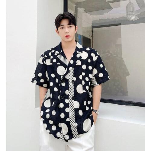 2021 Summer Mens Point Printing Double Breasted Lightweight Breathable Short Sleeve Shirts Camisa Masculina Streetwear Clothes