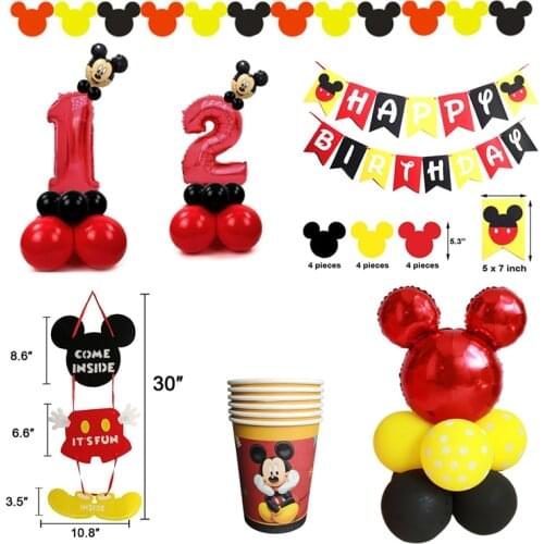 Mickey Party Supplies Kits Happy Birthday Banner Flags and Welcome Hanger Door Sign for Baby Kids Shower Party Decorations