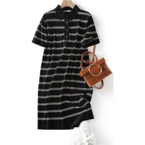 Summer Turn-Down Neck Casual Short Sleeve Black And White Striped Dresses Elegant Sheath Loose Knee Length Dress