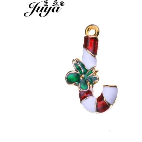 JUYA Enamel Charms Christmas Candy Cane Shape Pingente with Rhinestone 24x15mm Jewelry Making DIY Crafts Pendant AO0551
