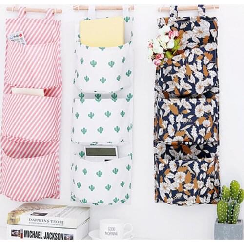 Cotton Linen Printing Hanging Storage Bag 3 Pockets Wall Mounted Wardrobe Hang Bag Wall Pouch Cosmetic Toys Organizer Home box