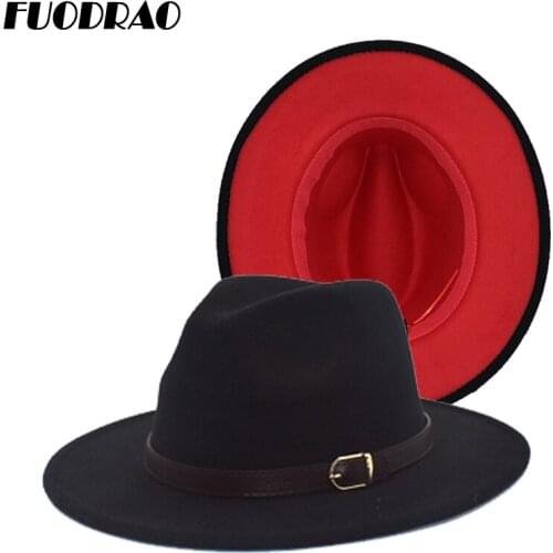 Classic Black Fedora Hat Wool Felt Jazz Fedora Hats Belt Buckle Men Wide Brim Panama Women Trilby Cap F110