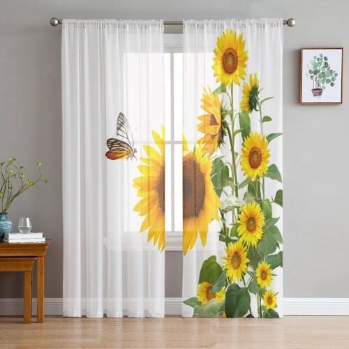 Sunflower Plant Butterfly Bouquet Leaves Window Curtains for Living Room Kitchen Door Curtain Sheer Curtains for Bedroom