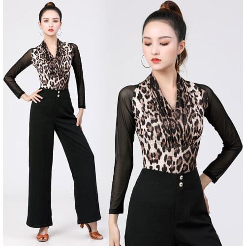 Latin Dance Top Women Mesh National Standard Dance Modern Dance Dress Long Sleeve Leopard Dance Bottom Shirt Training Clothes