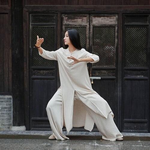 Traditional Chinese Women Kung Fu Uniform Linen Tea Set Sprin Yaga Tang Suit Tai Chi Robes Female Oriental Long Sleeve Hanfu