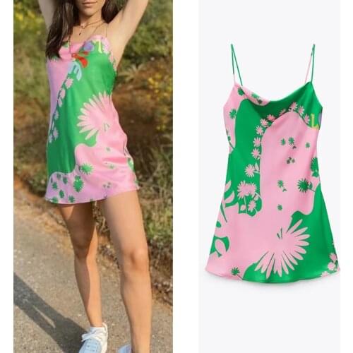 WESAY JESI 2021 Summer Za Dress Women Slip Pink Satin Dress Woman Green Print Backless Summer Dresses Strap Mini Beach Dresses