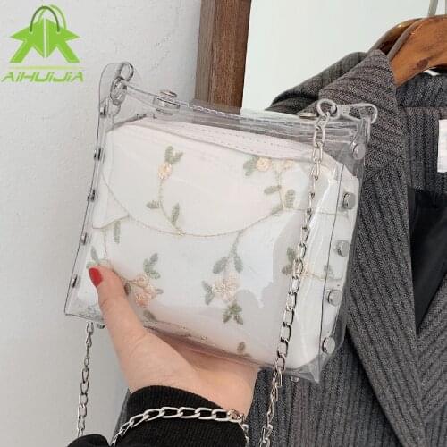 Women Transparent Flowers Embroidery Pattern Shoulder Bag 2021 Summer New Fashion Chain Messenger Bag Luxury Design Handbags