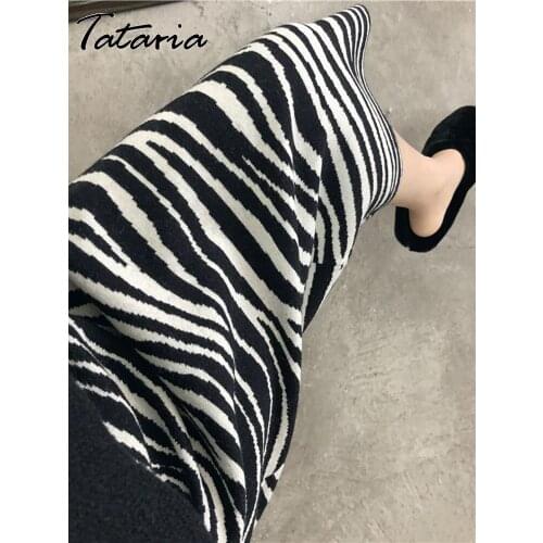 Zebra Stripe Women Midi Knitted Skirt Female High Waist Vintage Pleated Skirt Women Knitted Straight Animal Print Ladies Skirt