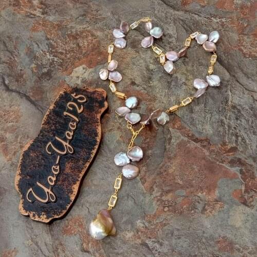 18'' Natural top-drilled Purple Keshi Pearl Cz pave rectangle Chain Necklace Keshi Pearl Pendant necklace for women luxury