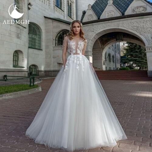 Aedmgh A-Line Wedding Dresses 2021 V- Neck Beading Tassel Sleeve Court Train Vestido De Novia Appliques Illusion Bridal Gowns