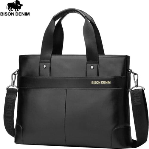 BISON DENIM Cowhide Briefcase Business Travel Bag Male Computer Laptop Handbag Casual Shoulder Crossbody Bag Messenger N2195-1