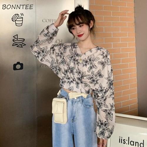 Blouses Women Cropped Aesthetic Casual V-Neck Print Popular Ins Long Sleeve Fashion Top Mujer Elegant Artistic BF College Design