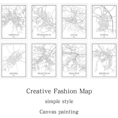 Serbia Black White World City Map Poster Nordic Living Room Belgrade ruma Shabazz Wall Art Pictures Home Decor Canvas Painting