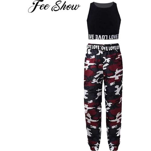 Kids Girls Summer Sport Suit Outfits Sleeveless Crop Vest with Camouflage Pants Set Sportswear Running Gym Dance Workout Clothes