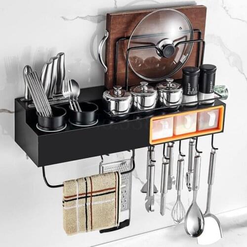 Double-layer Black Stainless Steel Perforation-free Kitchen Shelf Wall Hanging Knife Rack Condiment Rack Receives Hook Rack Supp