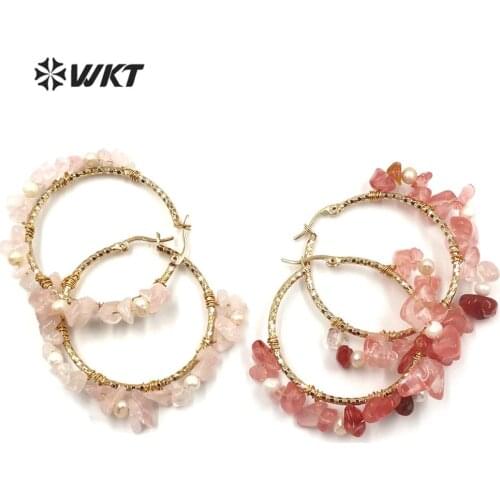 WT-E608 elegant Natural gravel stone earring pink/white stone with pearl earring gold Electroplated ring earring bohe jewelry