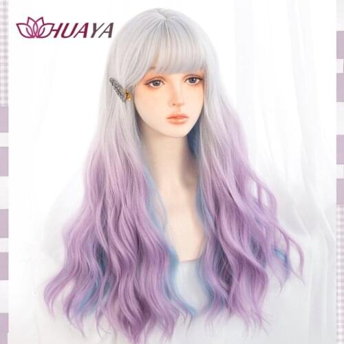 HUAYA Long Ombre Blue Purple Wave Cosplay Wig Party Daily Synthetic Wig For Women Cute Girl Lolita Fake Hair with Bangs