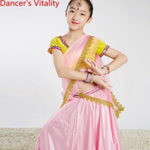 Indian Dancing Perforance Competition Costume Children Students Top Skirt Veil Oriental Belly Dance Stage Wear Garments