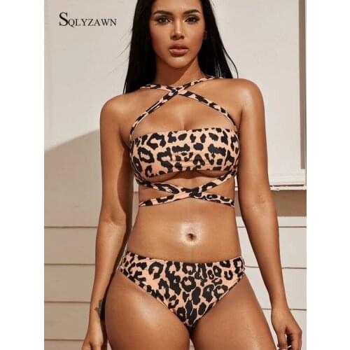 Halter Off Shoulder Leopard Swimsuit Sexy Summer Lace Up Bracelet Crop Top Beachwear Bathing Suit Bandages Push Up Bikini Sets
