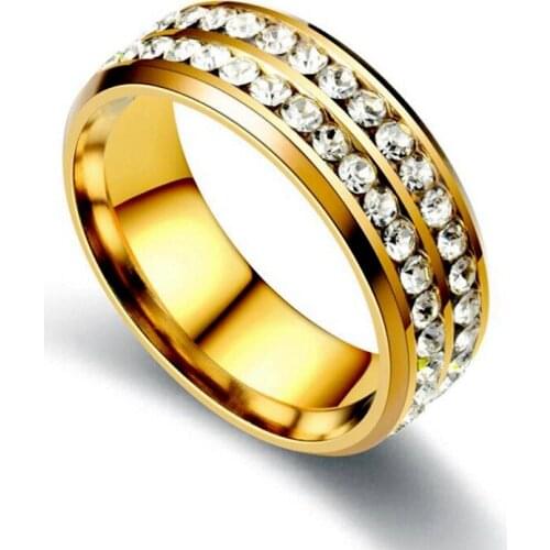 Cute Gold Color Two Rows Crystal Rings For Women Stainless Steel Rings Fashion Wedding Jewelry
