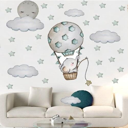 Cartoon Elephant Stars and Clouds Wall Stickers for Living Room Bedroom Childrens Room Decoration for Christmas Gifts