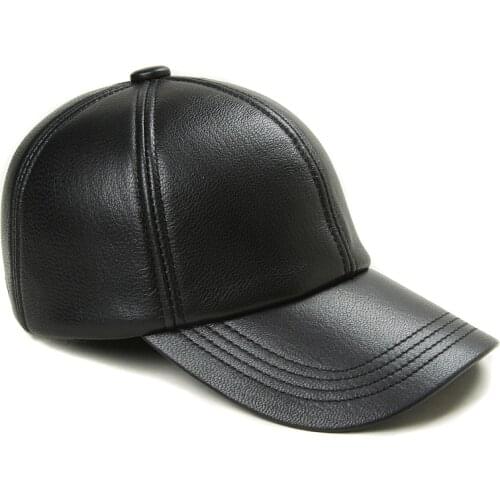 Mens Leather Hat Spring And Autumn Winter Sheep Skin Baseball Cap Black Big Edge Warm Hat For Middle-Aged And Old People